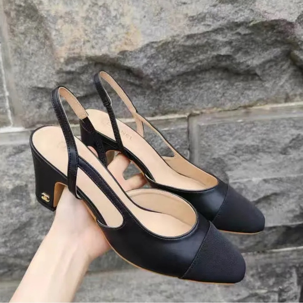 CC Two Tone Black Leather Ballet Slingback Chunky Heels Black Cap Toe Sz 7.5